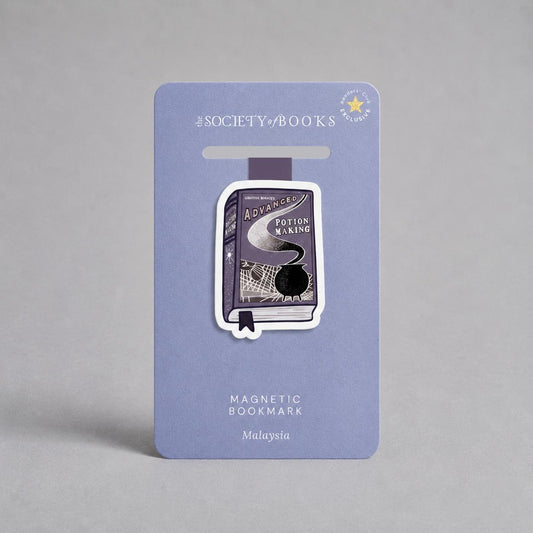 A book-themed magnetic bookmark mounted on a lavender card. The bookmark is shaped like a book cover with the title 'Advanced potion harry potter Making' and a black circular magnet visible inside.