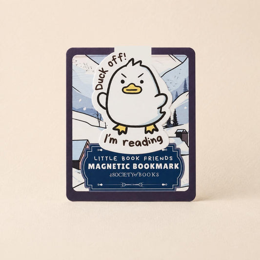 A square magnetic bookmark for children, featuring a cartoon penguin character and the text 'Duck off! I'm reading'. The bookmark has a dark navy border and a blue lower section with white text reading 'LITTLE BOOK FRIENDS MAGNETIC BOOKMARK' and the brand '@SOCIETY_OF_BOOKS'.