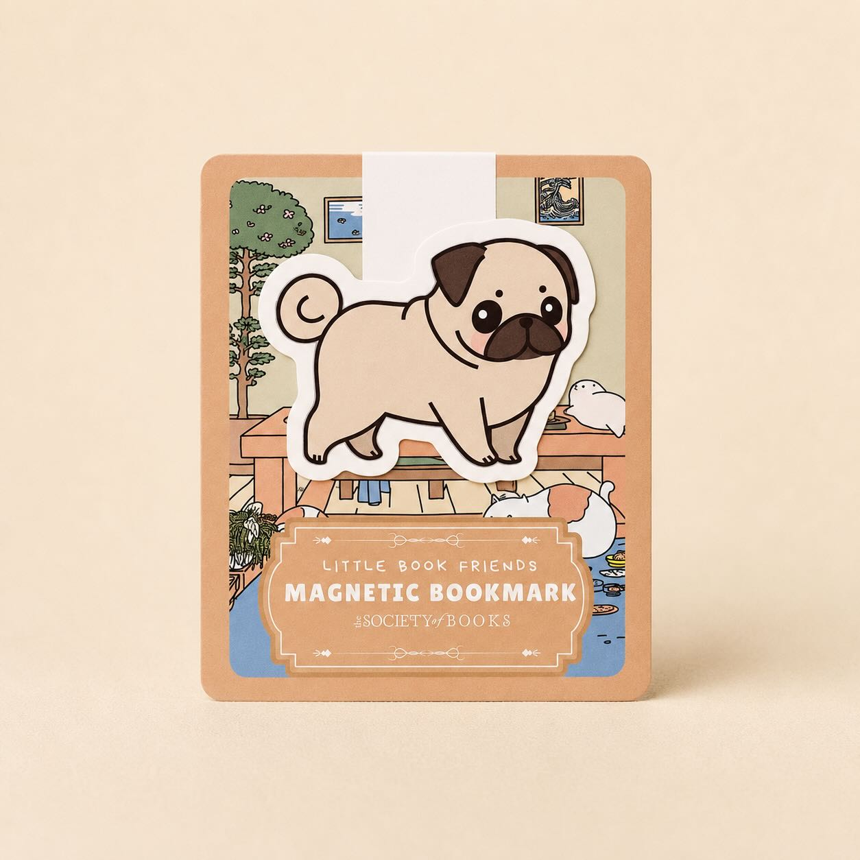 A Little Book Friends magnetic bookmark featuring a cute cartoon pug dog illustration, shown standing upright on a plain beige background.