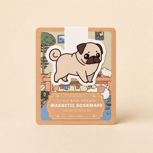 A Little Book Friends magnetic bookmark featuring a cute cartoon pug dog illustration, shown standing upright on a plain beige background.